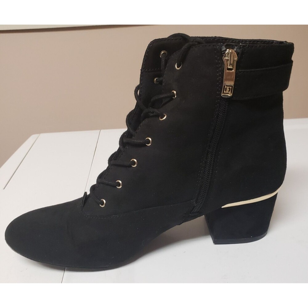 Liz Claiborne Black Faux Suede Lace-Up Ankle Boots Gold Hardware Size 9 PO Good